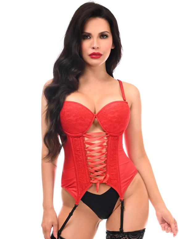 Red Lycra & Lace Hook & Eye Lace-Up Bustier Corset w/Garters