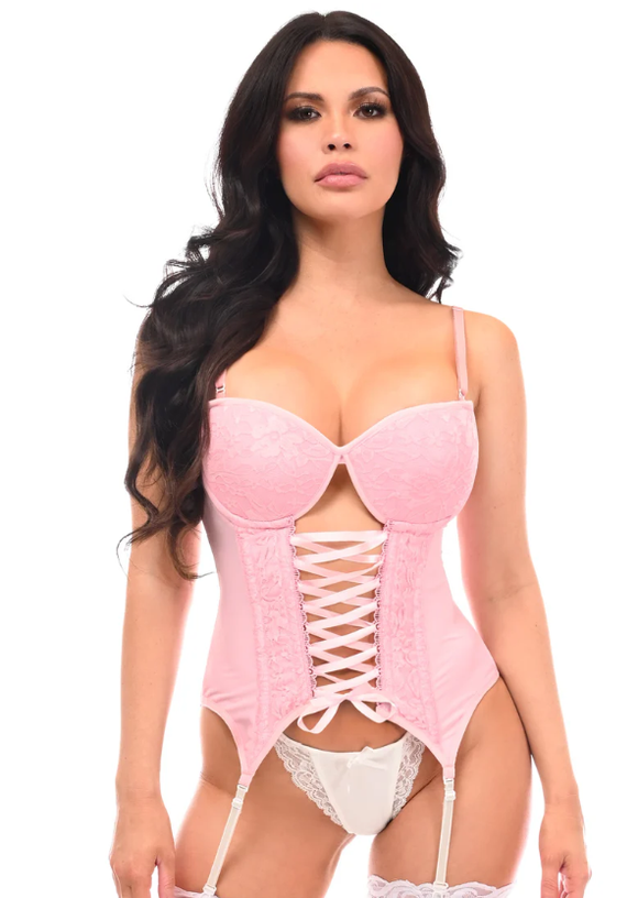 Pink Lycra & Lace Hook & Eye Lace-Up Bustier Corset w/Garters