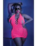 Glow Black Light Net Halter Dress Neon Pink