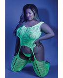 Glow Black Light Mosaic Pattern Gartered Bodystocking Neon Green