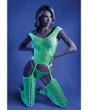 Glow Black Light Mosaic Pattern Gartered Bodystocking Neon Green