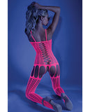 Glow Black Light Criss Cross Paneled Bodystocking Neon Pink